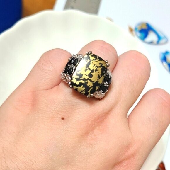 Vintage Sterling Silver 925 Black Goldenite Jade Cocktail Statement Ring - Picture 7 of 13